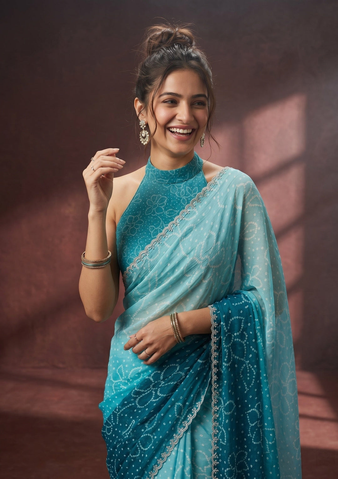 Peacock Blue Chiffon Bandhej Silver Stonework Saree With Matching Blouse Piece