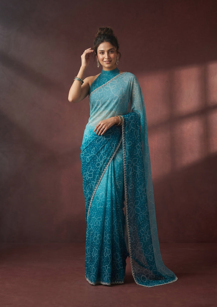 Peacock Blue Chiffon Bandhej Silver Stonework Saree With Matching Blouse Piece