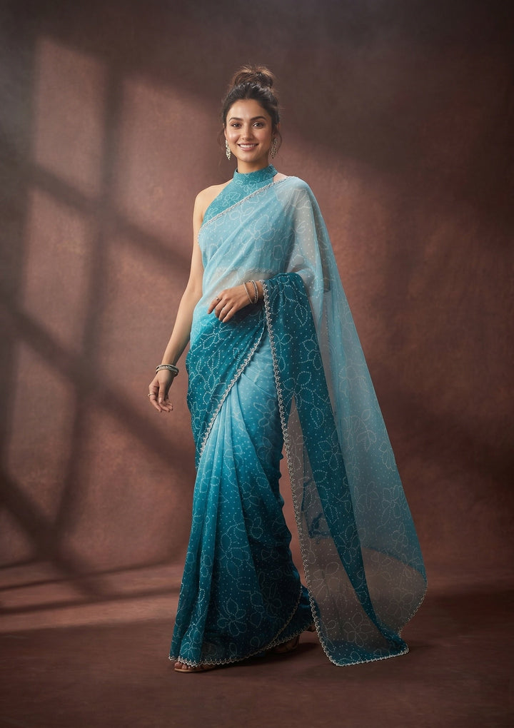 Peacock Blue Chiffon Bandhej Silver Stonework Saree With Matching Blouse Piece