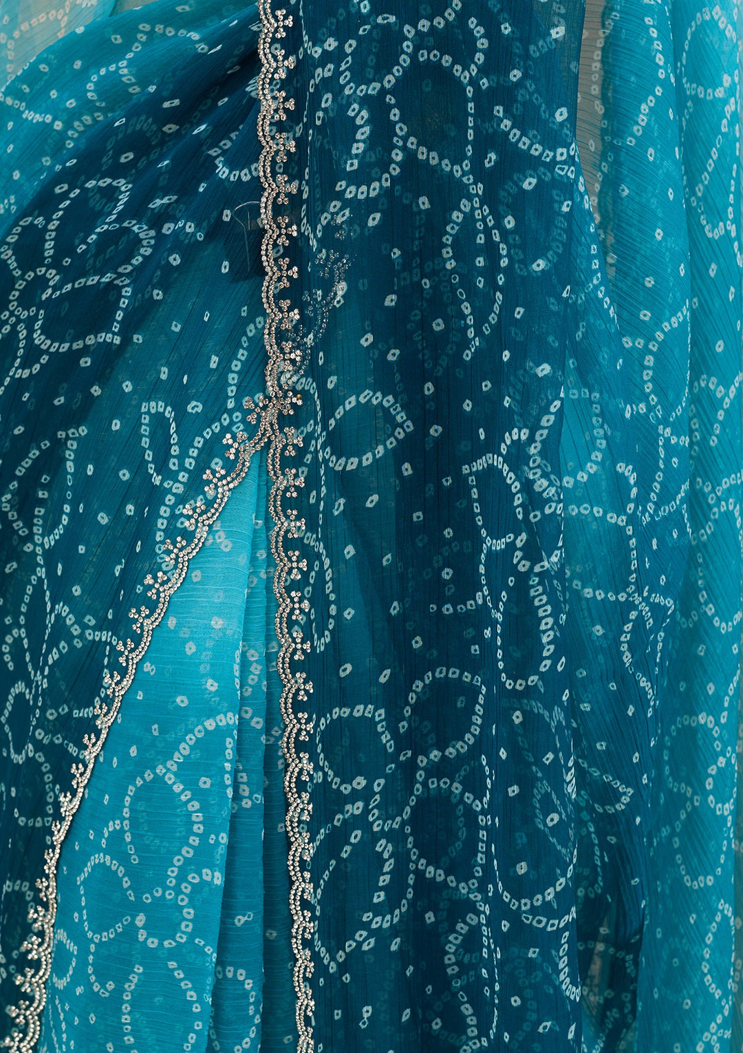 Peacock Blue Chiffon Bandhej Silver Stonework Saree With Matching Blouse Piece