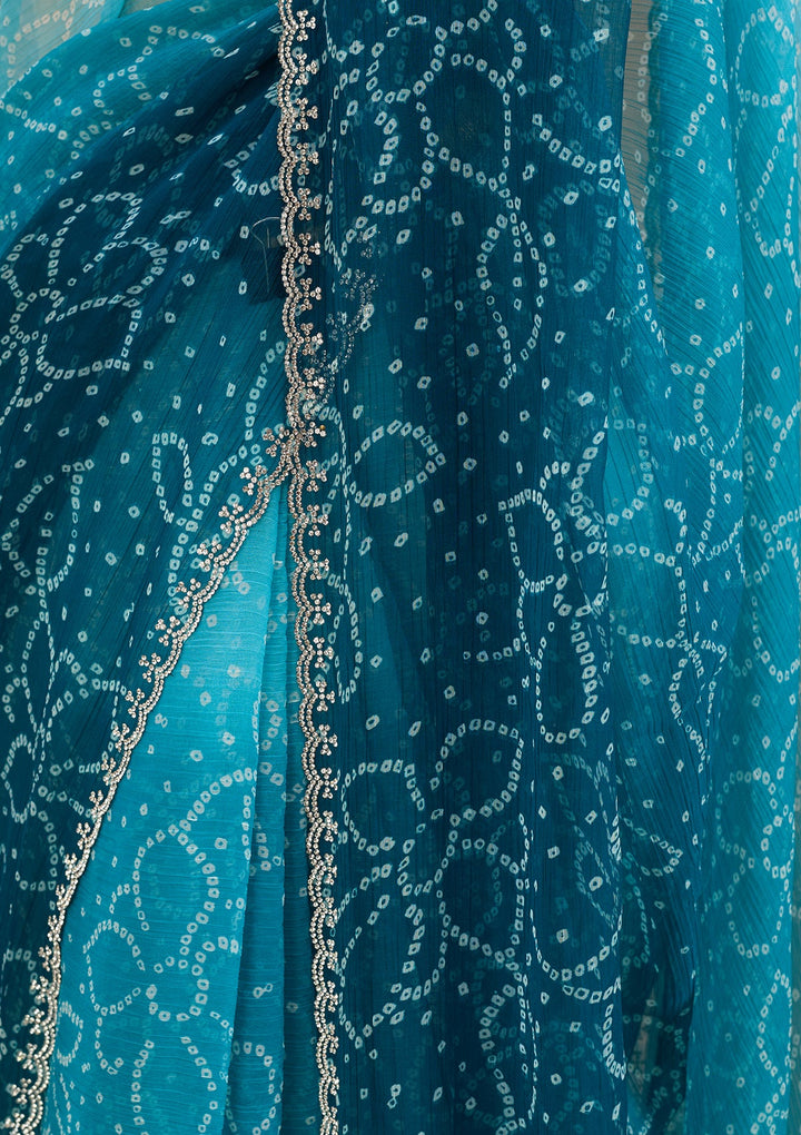 Peacock Blue Chiffon Bandhej Silver Stonework Saree With Matching Blouse Piece