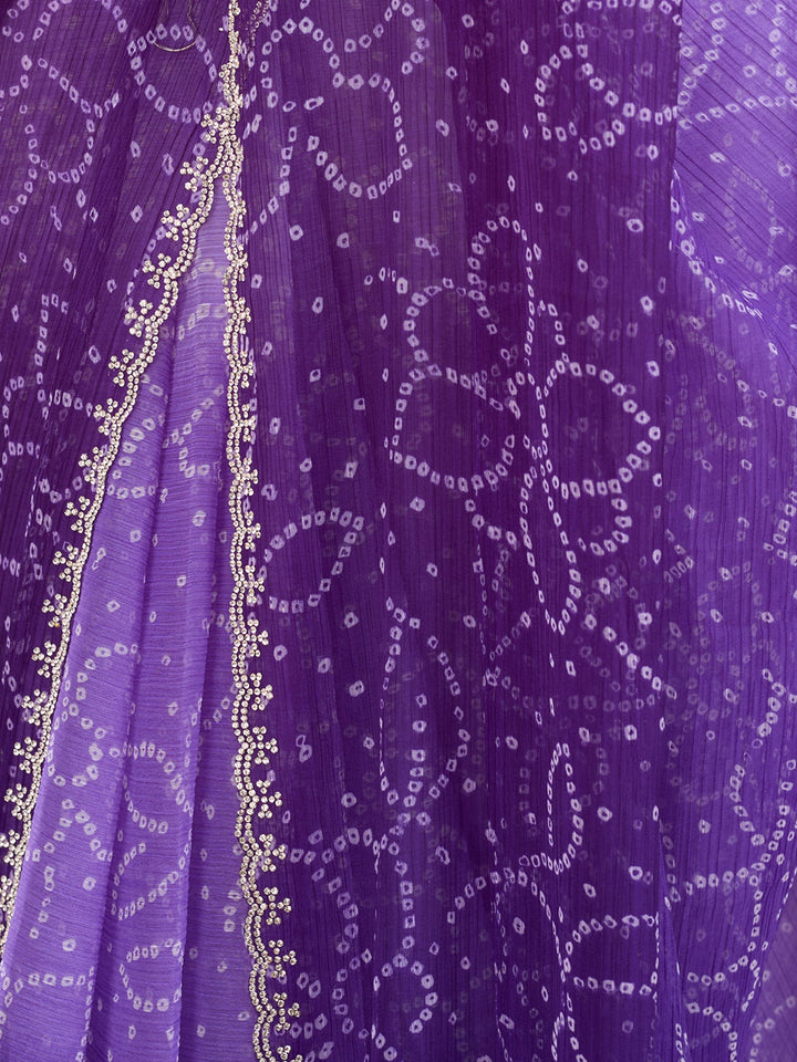 Purple Chiffon Bandhej Silver Stonework Saree With Matching Blouse Piece