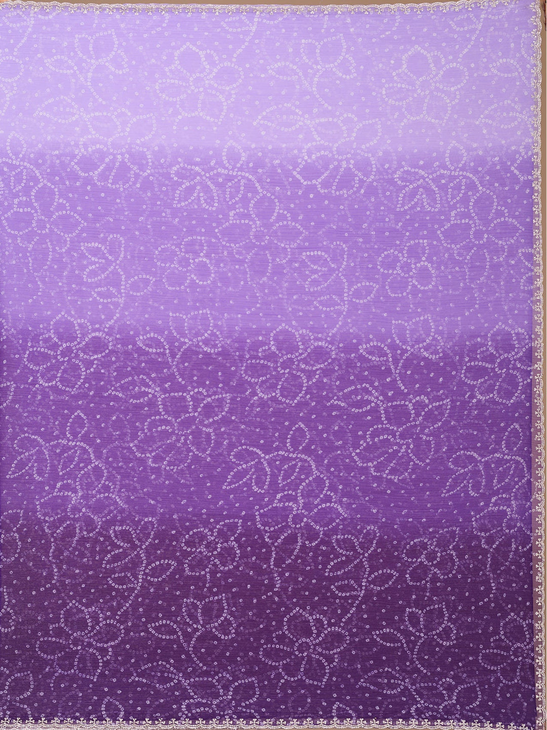 Purple Chiffon Bandhej Silver Stonework Saree With Matching Blouse Piece