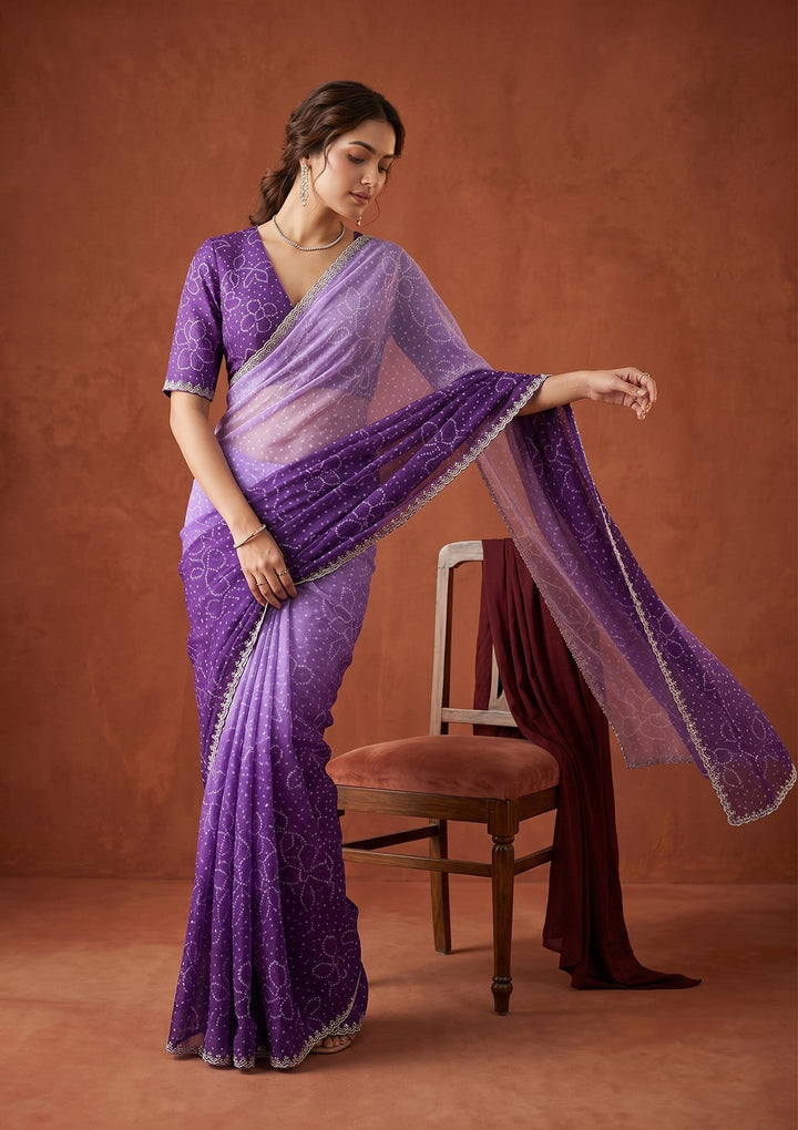 Purple Chiffon Bandhej Silver Stonework Saree With Matching Blouse Piece