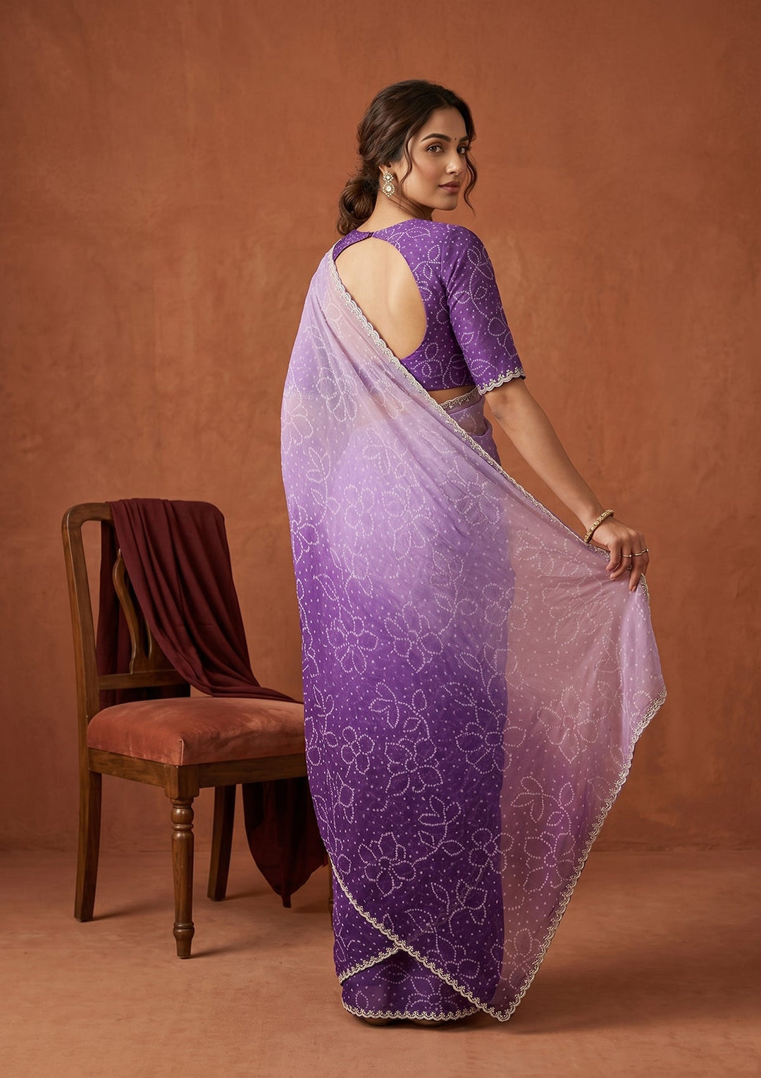 Purple Chiffon Bandhej Silver Stonework Saree With Matching Blouse Piece