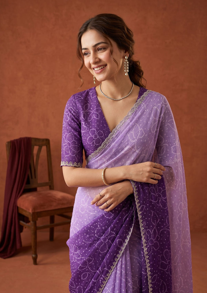 Purple Chiffon Bandhej Silver Stonework Saree With Matching Blouse Piece