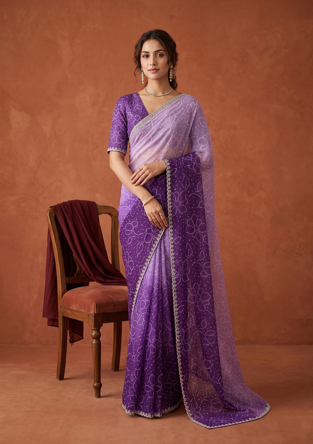 Purple Chiffon Bandhej Silver Stonework Saree With Matching Blouse Piece