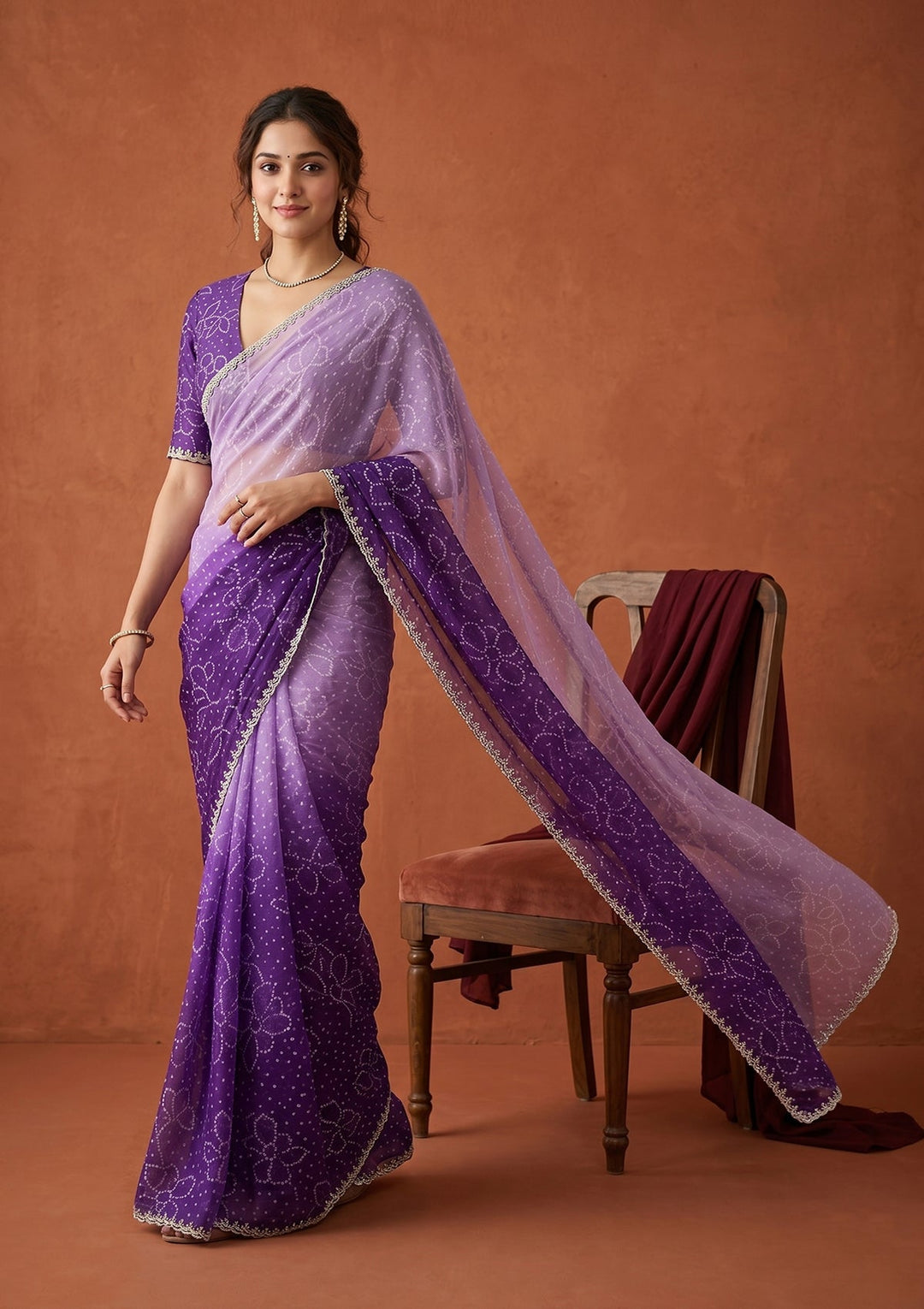 Purple Chiffon Bandhej Silver Stonework Saree With Matching Blouse Piece