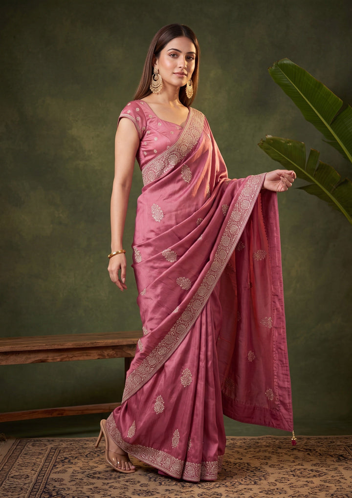 Onion Pink Zariwork (Gold) Crepe Saree With Matching Blouse Piece