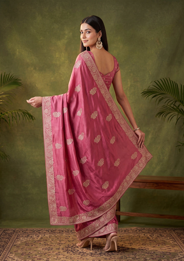 Onion Pink Zariwork (Gold) Crepe Saree With Matching Blouse Piece