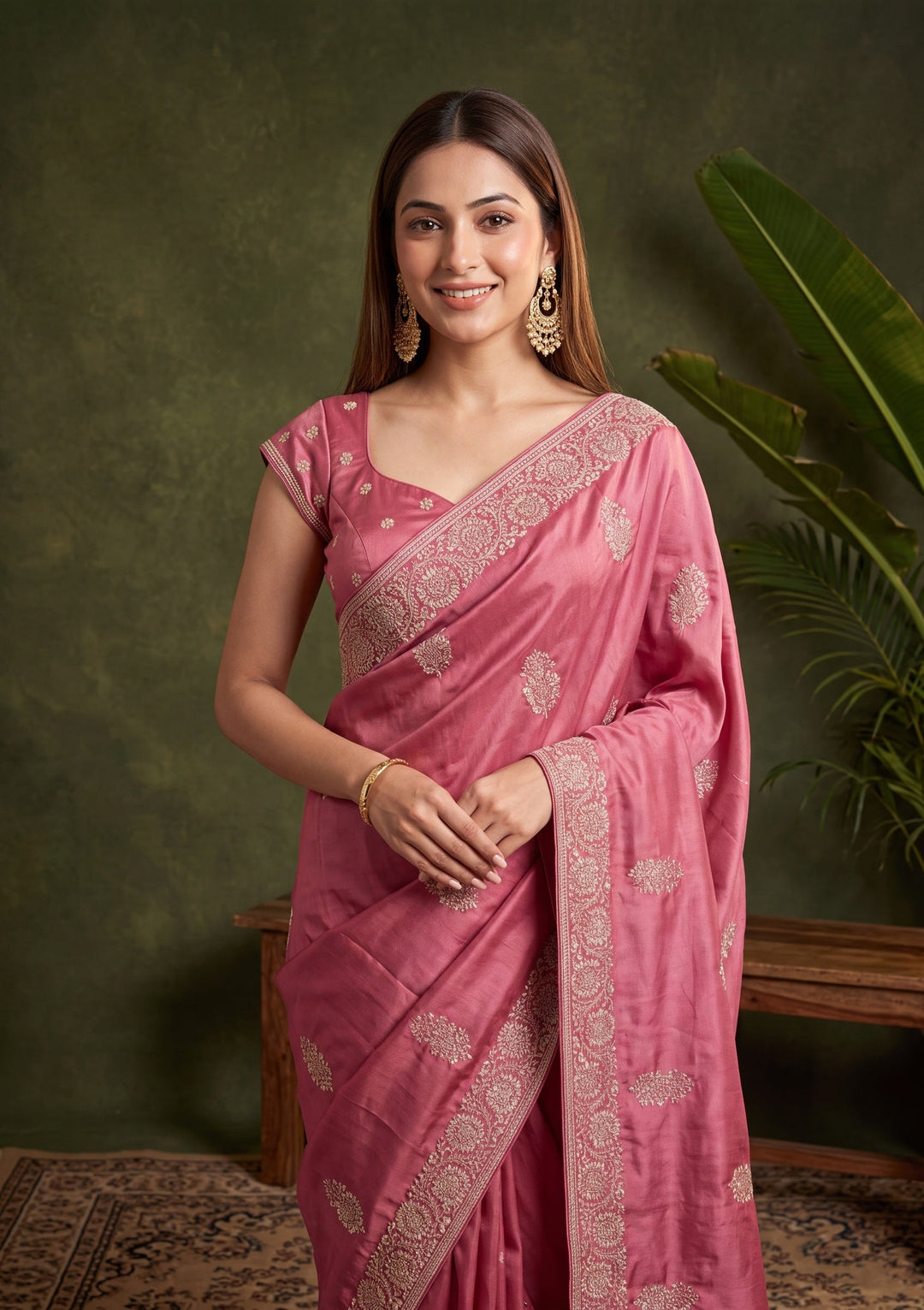 Onion Pink Zariwork (Gold) Crepe Saree With Matching Blouse Piece