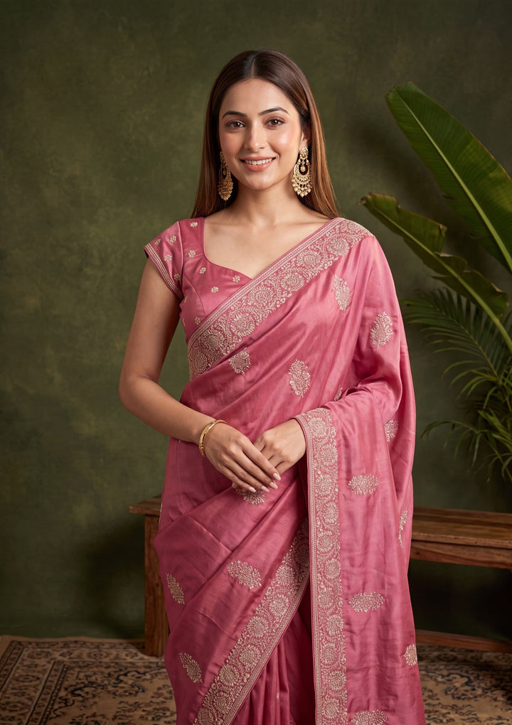 Onion Pink Zariwork (Gold) Crepe Saree With Matching Blouse Piece