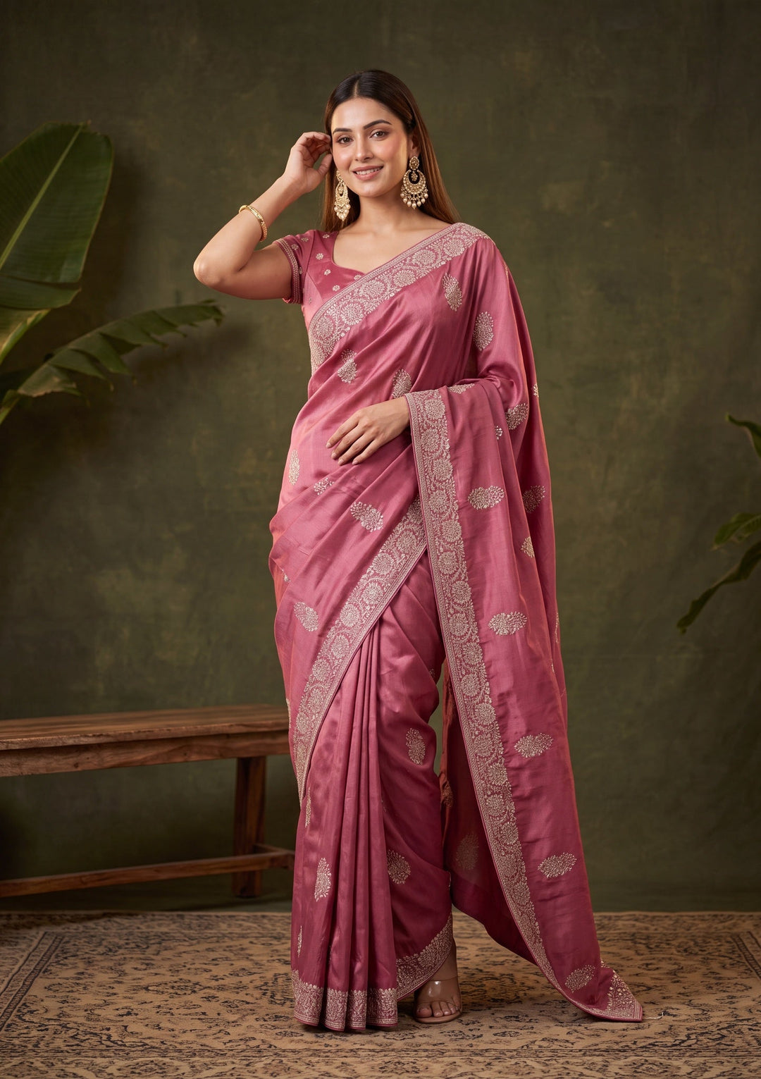 Onion Pink Zariwork (Gold) Crepe Saree With Matching Blouse Piece