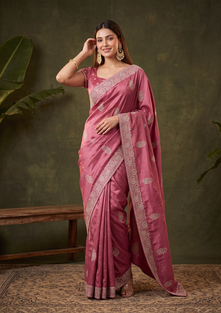 Onion Pink Zariwork (Gold) Crepe Saree With Matching Blouse Piece