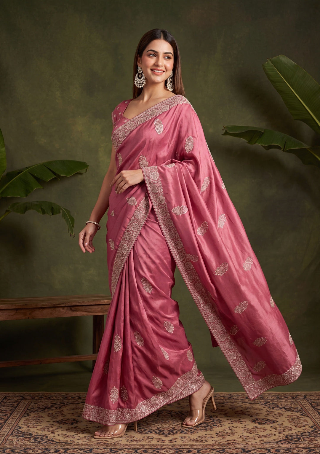 Onion Pink Zariwork (Gold) Crepe Saree With Matching Blouse Piece
