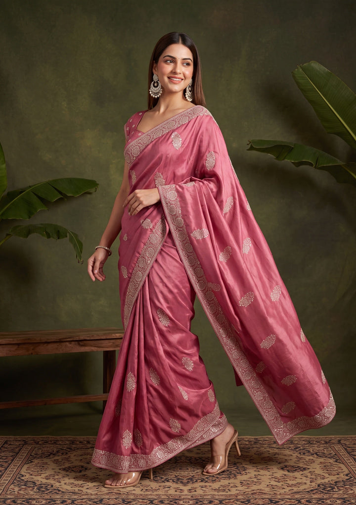 Onion Pink Zariwork (Gold) Crepe Saree With Matching Blouse Piece