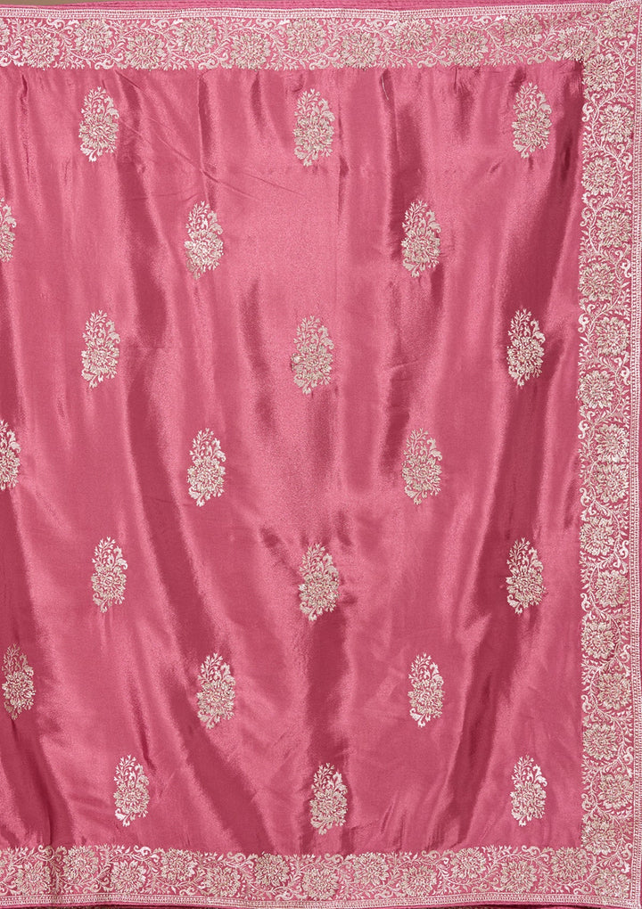 Onion Pink Zariwork (Gold) Crepe Saree With Matching Blouse Piece