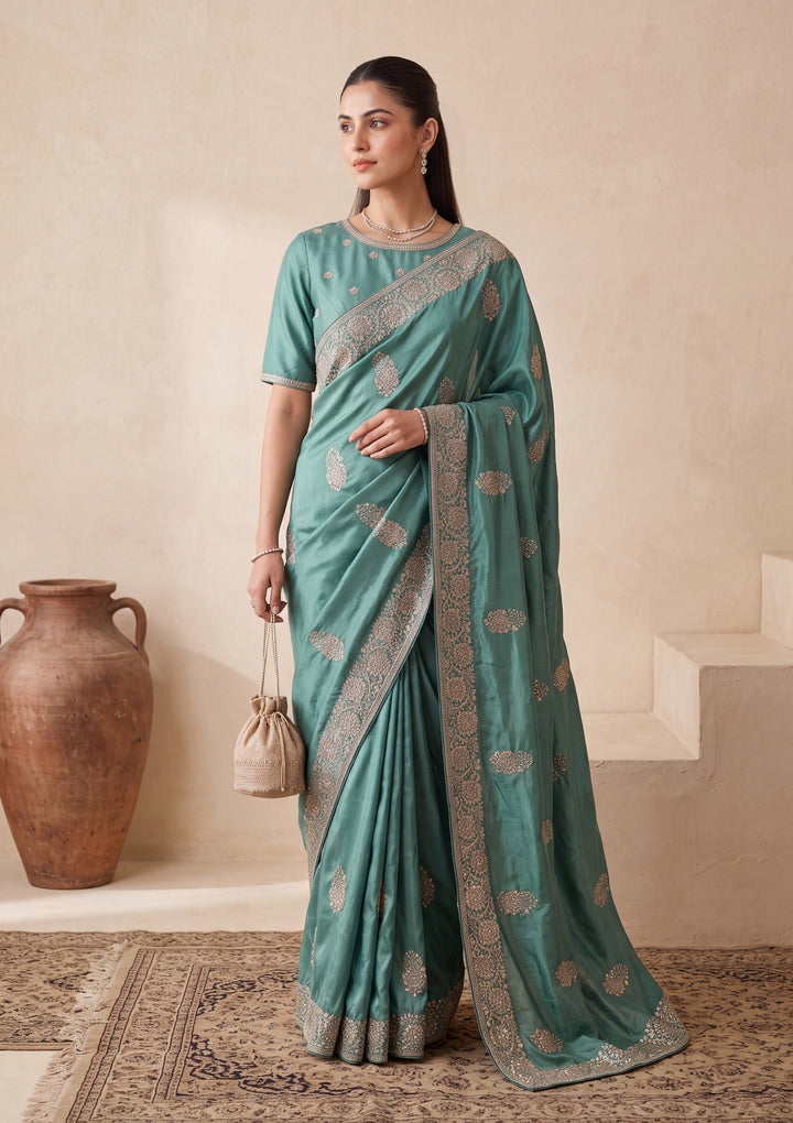 Sea Green Crepe Gold Zariwork Saree With Matching Blouse Piece