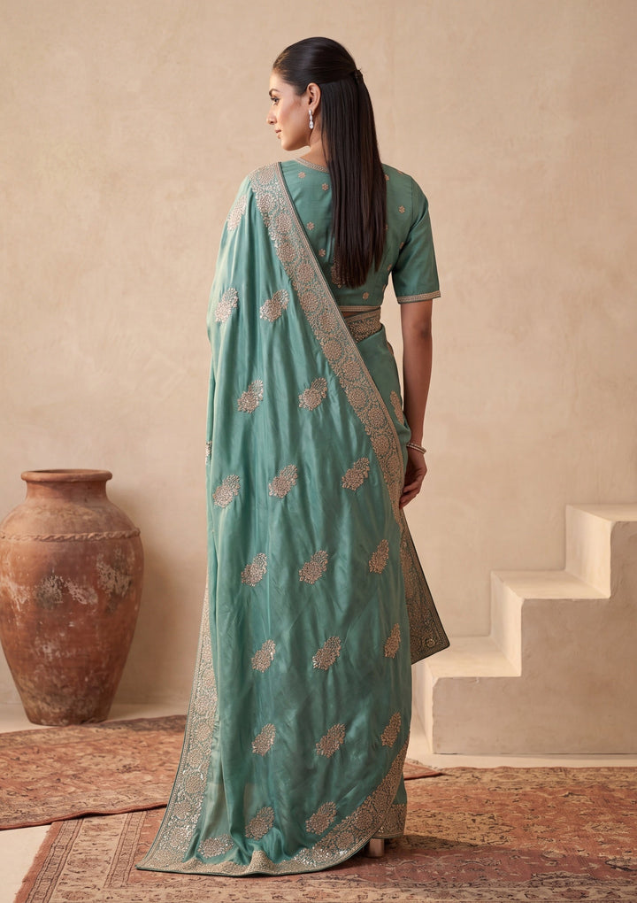 Sea Green Crepe Gold Zariwork Saree With Matching Blouse Piece