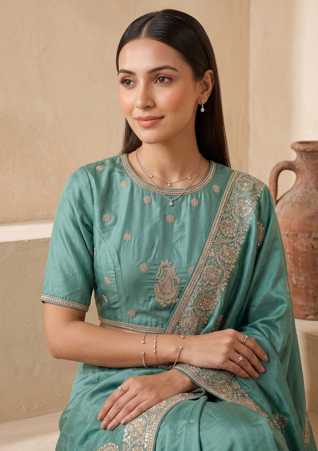 Sea Green Crepe Gold Zariwork Saree With Matching Blouse Piece