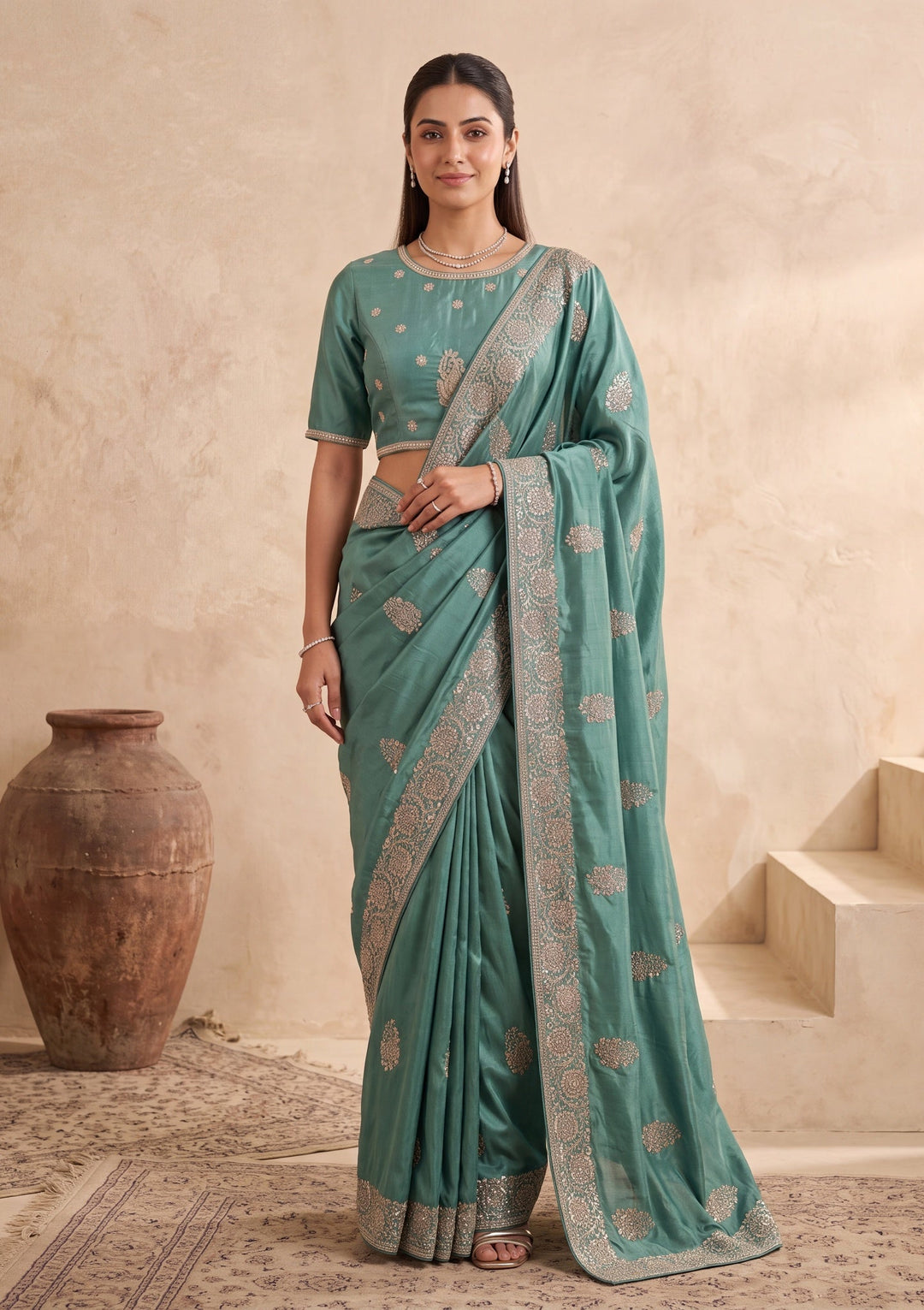 Sea Green Crepe Gold Zariwork Saree With Matching Blouse Piece