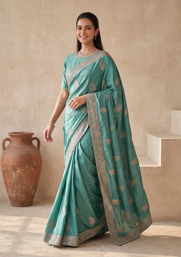 Sea Green Crepe Gold Zariwork Saree With Matching Blouse Piece