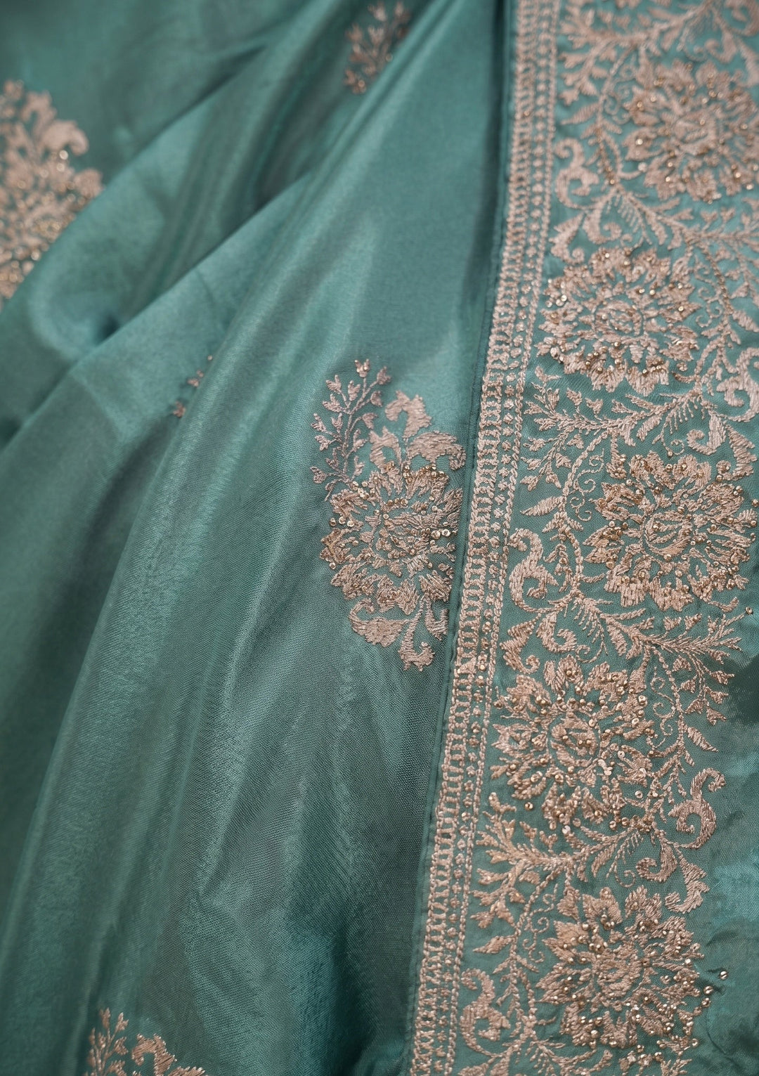 Sea Green Crepe Gold Zariwork Saree With Matching Blouse Piece