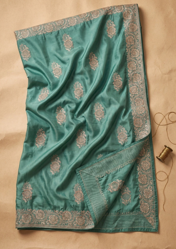 Sea Green Crepe Gold Zariwork Saree With Matching Blouse Piece