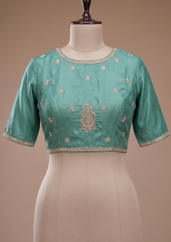 Sea Green Crepe Gold Zariwork Saree With Matching Blouse Piece