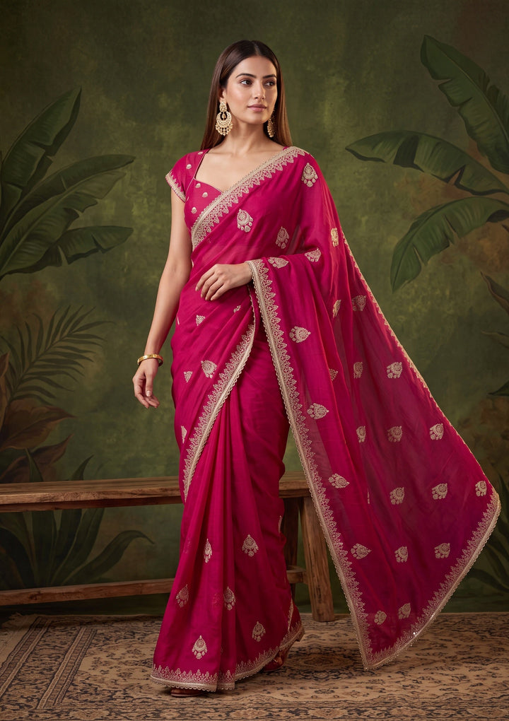 Rani Pink Satin Gold Zariwork Saree With Matching Blouse Piece