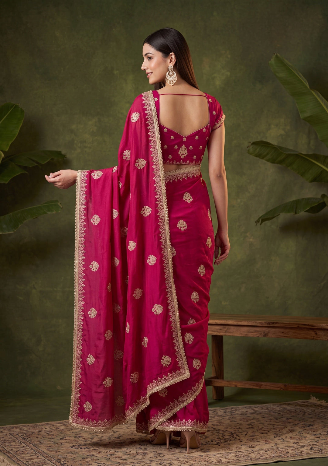 Rani Pink Satin Gold Zariwork Saree With Matching Blouse Piece