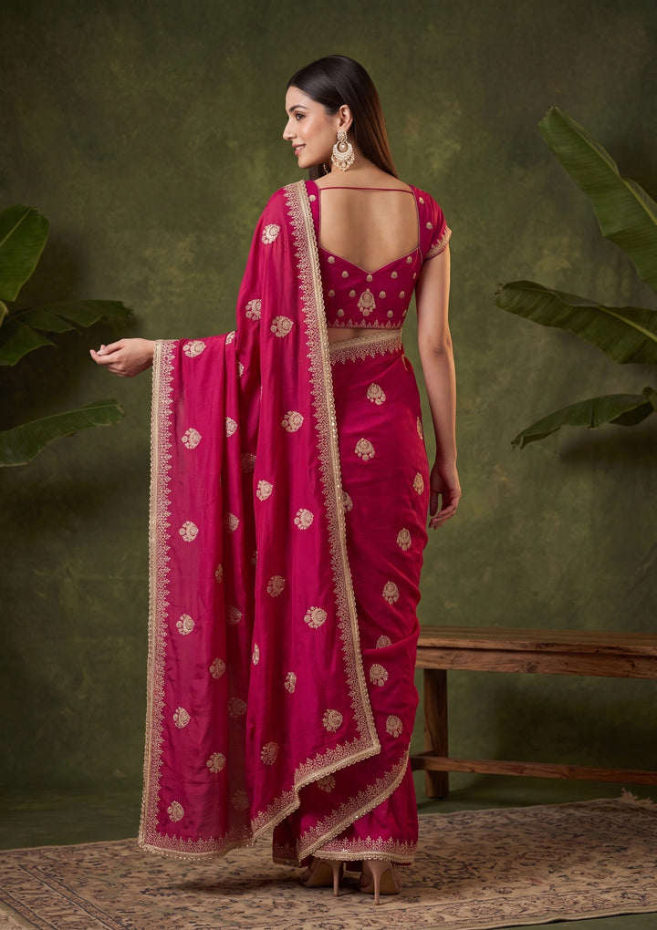 Rani Pink Satin Gold Zariwork Saree With Matching Blouse Piece