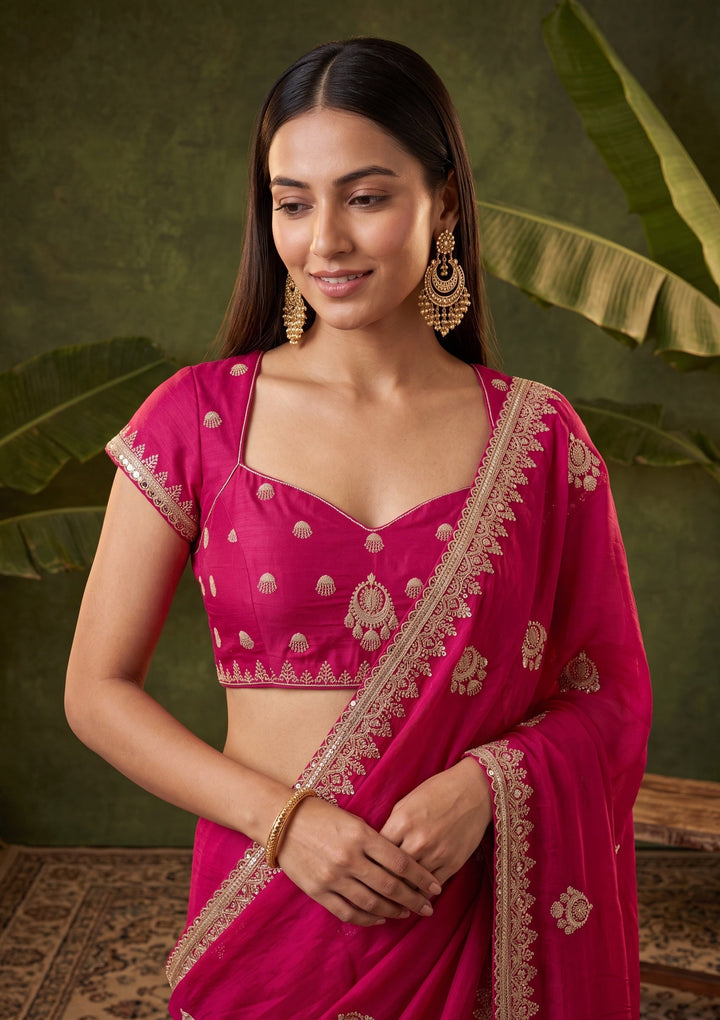 Rani Pink Satin Gold Zariwork Saree With Matching Blouse Piece