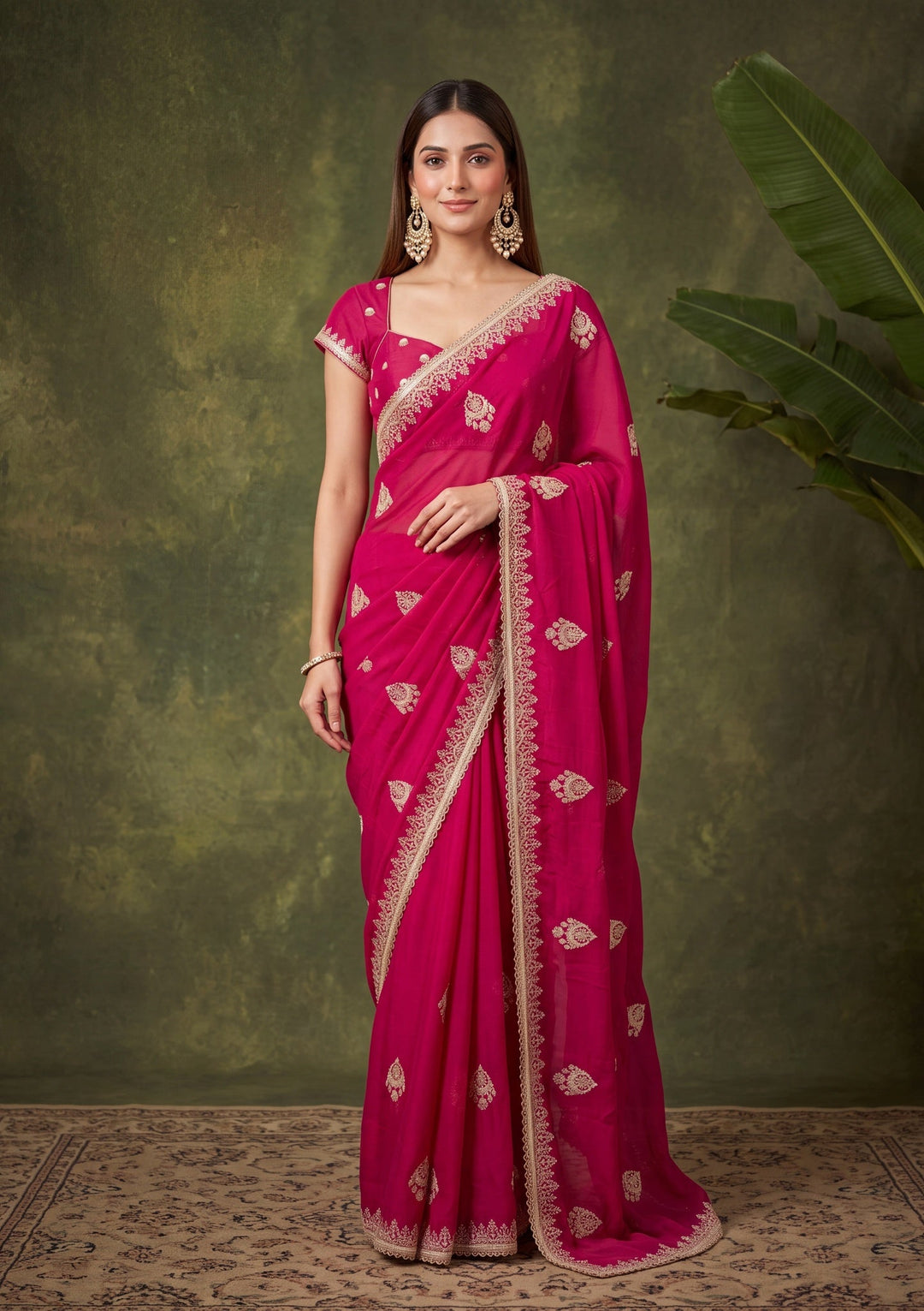 Rani Pink Satin Gold Zariwork Saree With Matching Blouse Piece