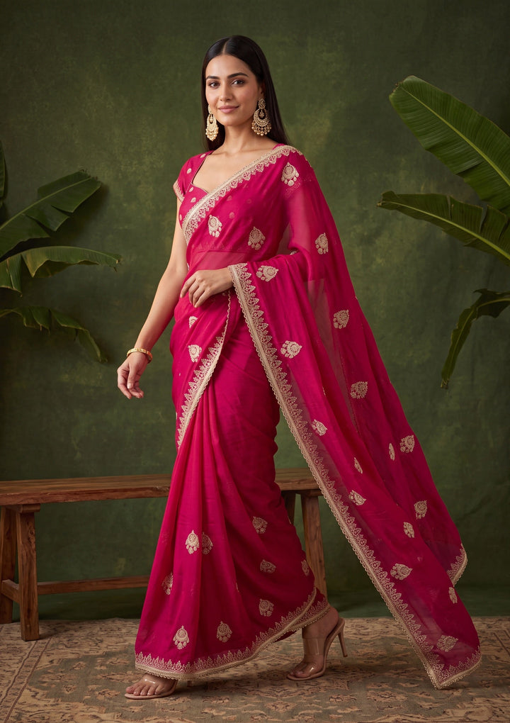 Rani Pink Satin Gold Zariwork Saree With Matching Blouse Piece