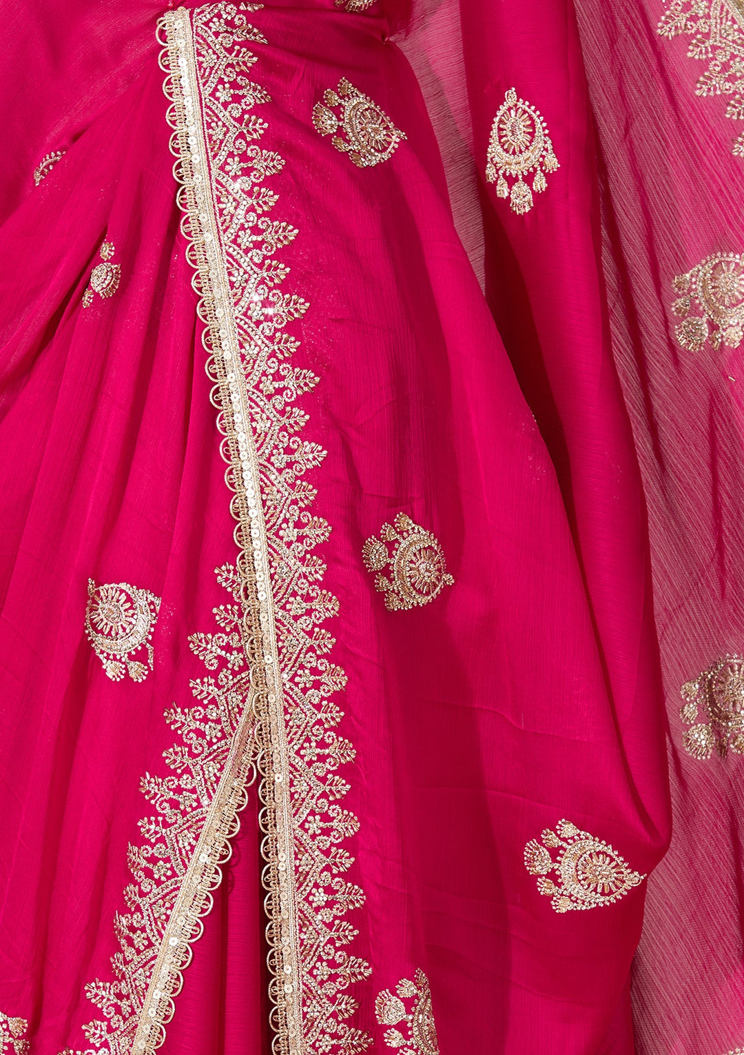 Rani Pink Satin Gold Zariwork Saree With Matching Blouse Piece