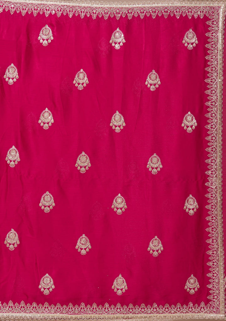 Rani Pink Satin Gold Zariwork Saree With Matching Blouse Piece