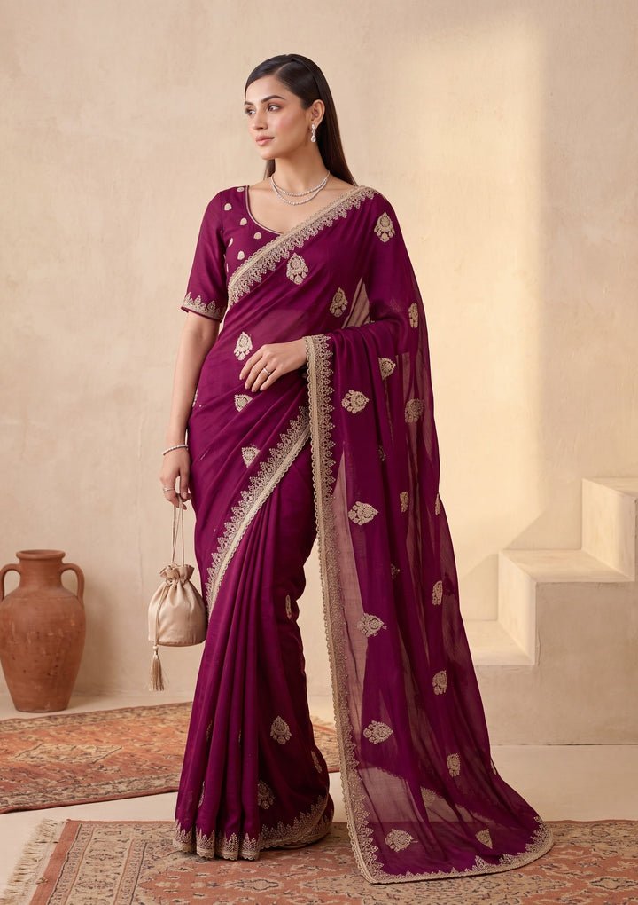 Wine Satin Gold Zariwork Saree With Matching Blouse Piece