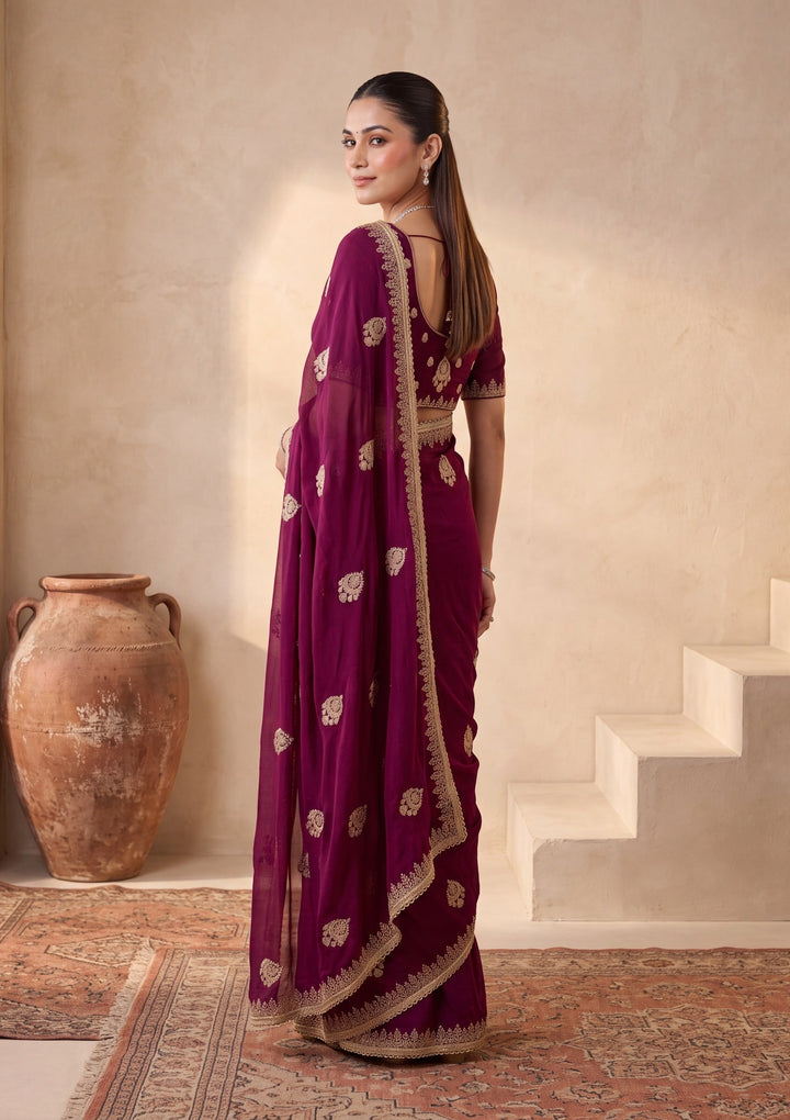 Wine Satin Gold Zariwork Saree With Matching Blouse Piece