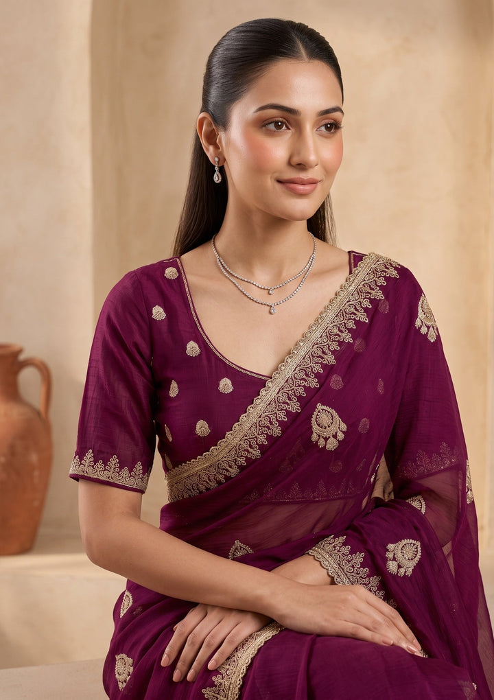 Wine Satin Gold Zariwork Saree With Matching Blouse Piece