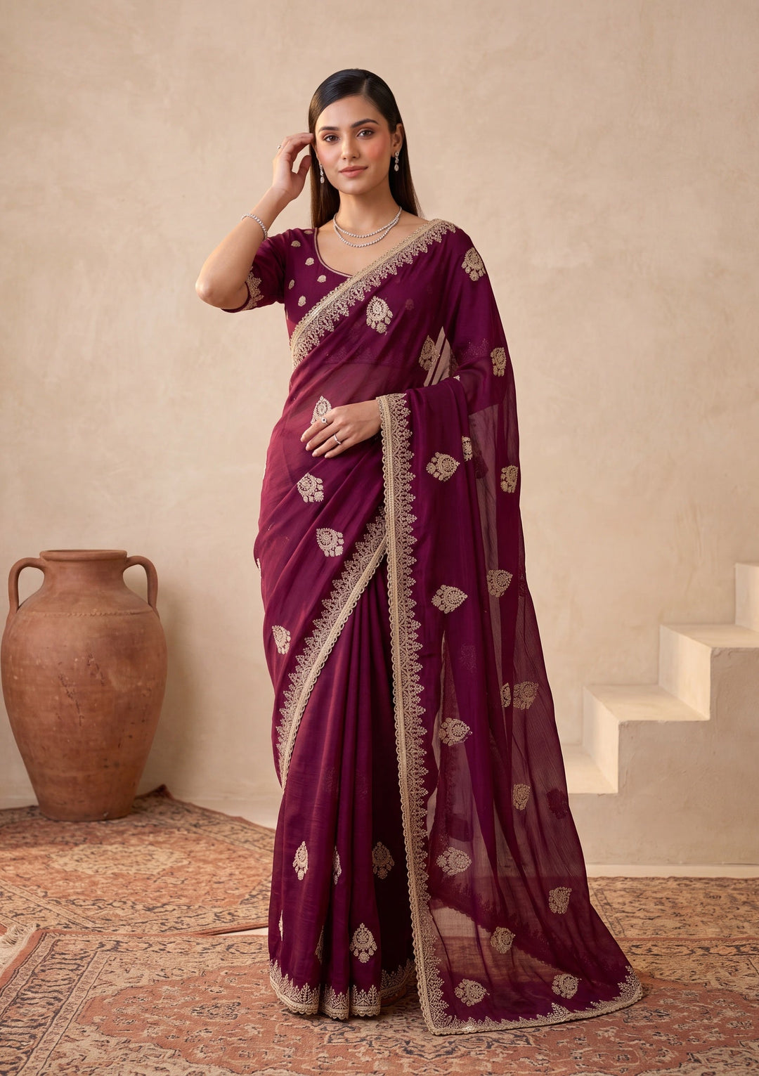 Wine Satin Gold Zariwork Saree With Matching Blouse Piece