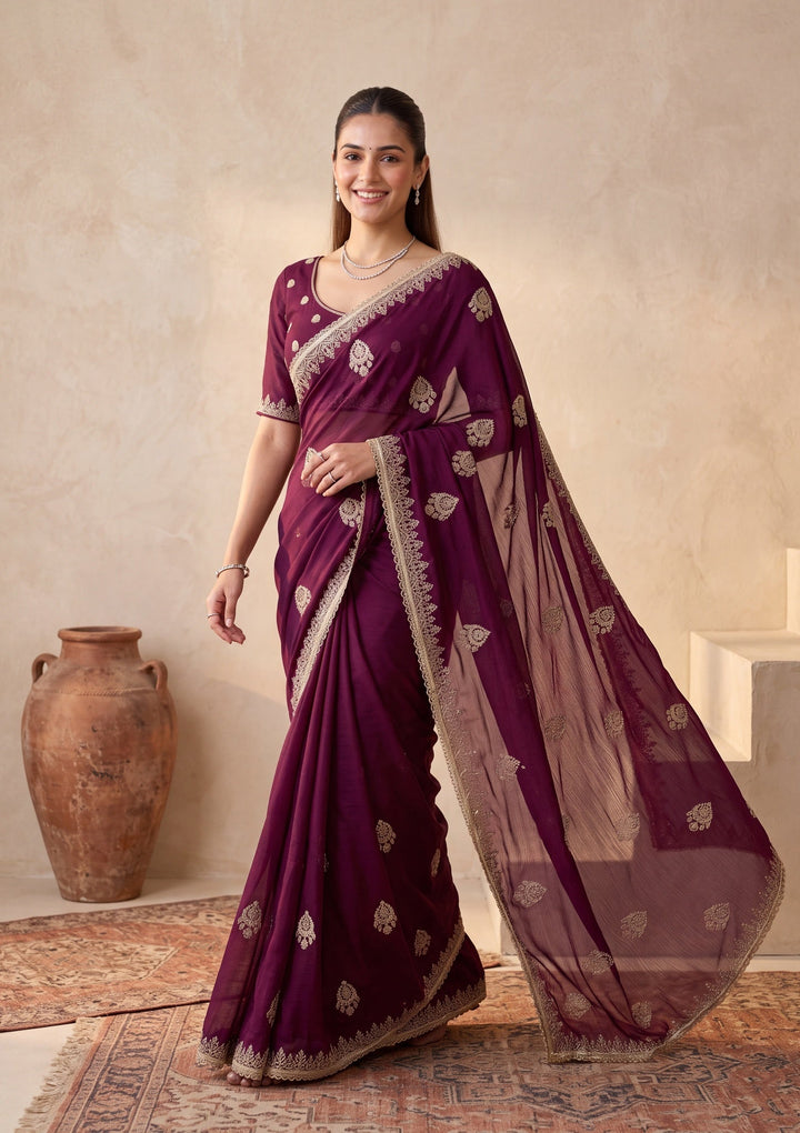 Wine Satin Gold Zariwork Saree With Matching Blouse Piece