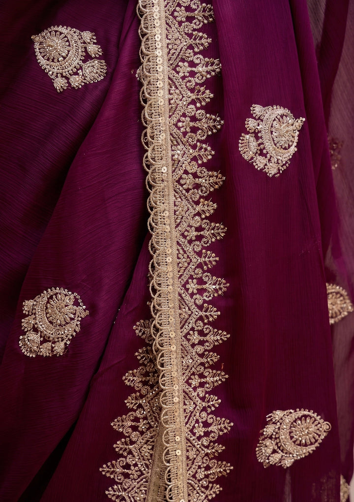 Wine Satin Gold Zariwork Saree With Matching Blouse Piece
