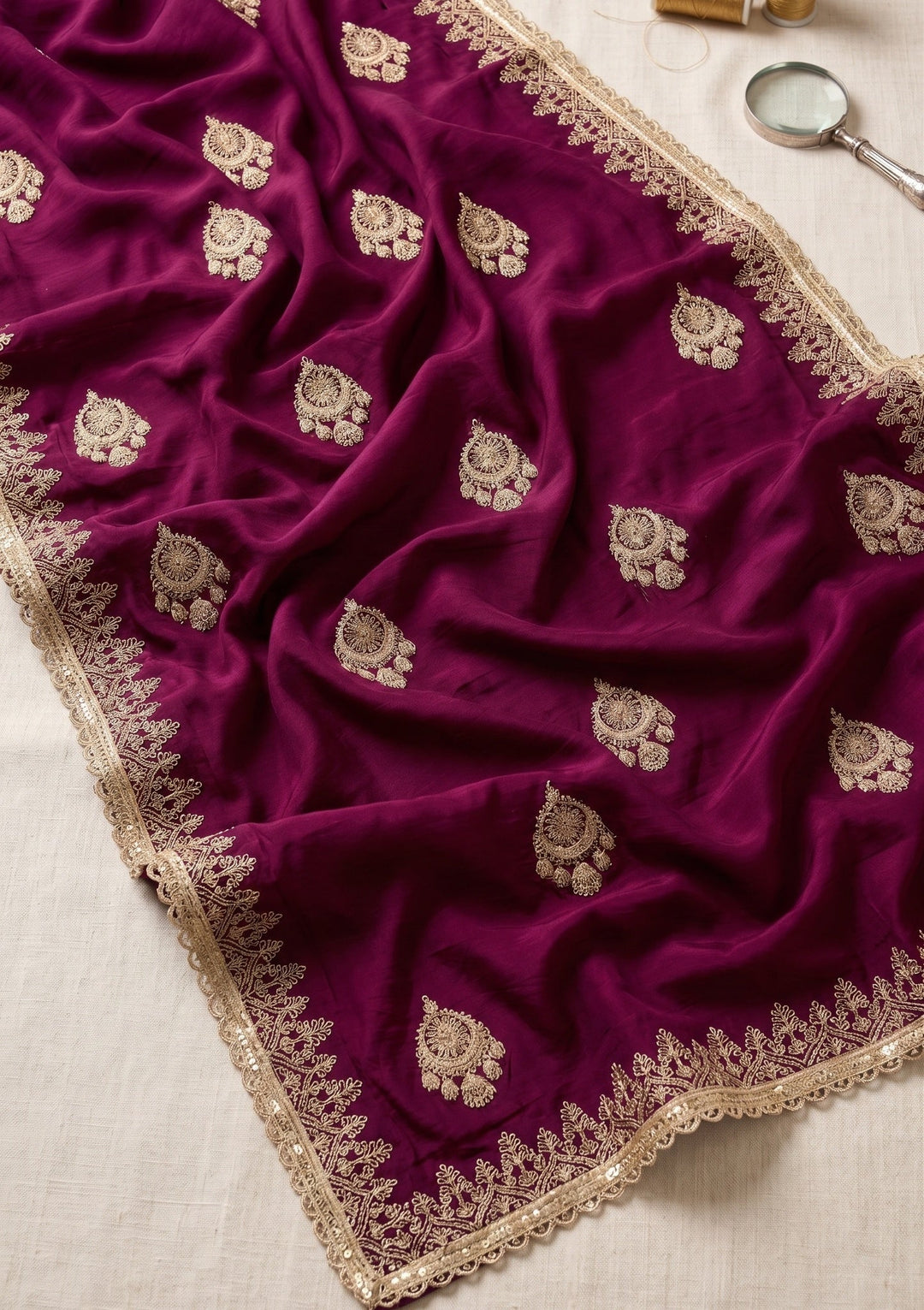 Wine Satin Gold Zariwork Saree With Matching Blouse Piece