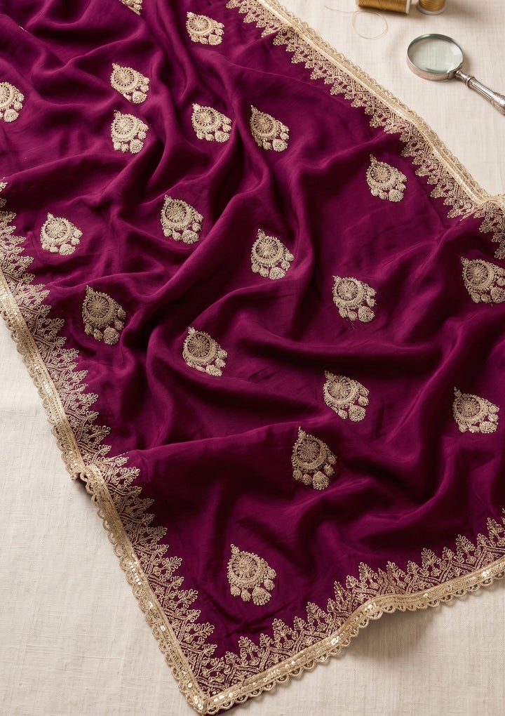 Wine Satin Gold Zariwork Saree With Matching Blouse Piece