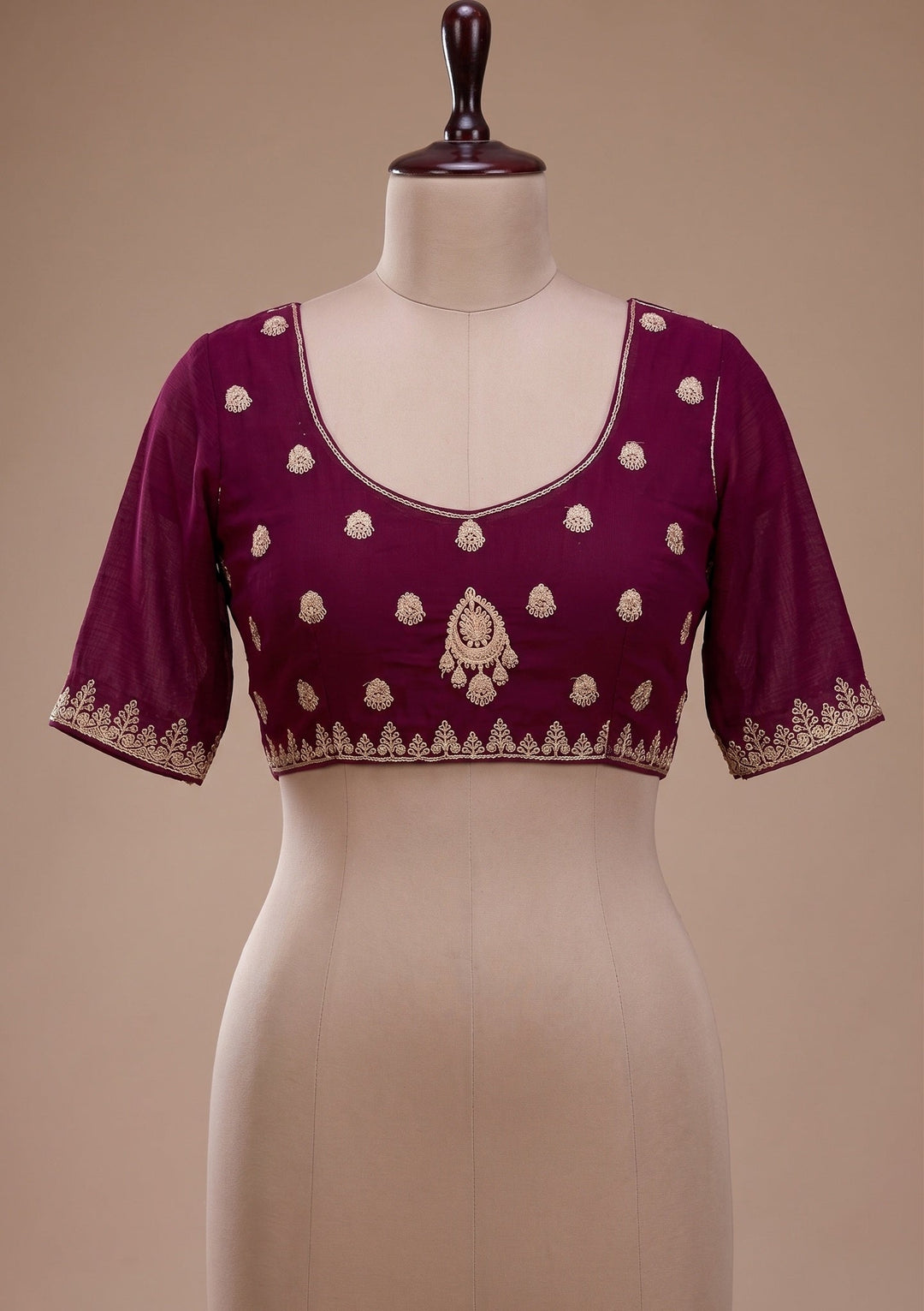 Wine Satin Gold Zariwork Saree With Matching Blouse Piece