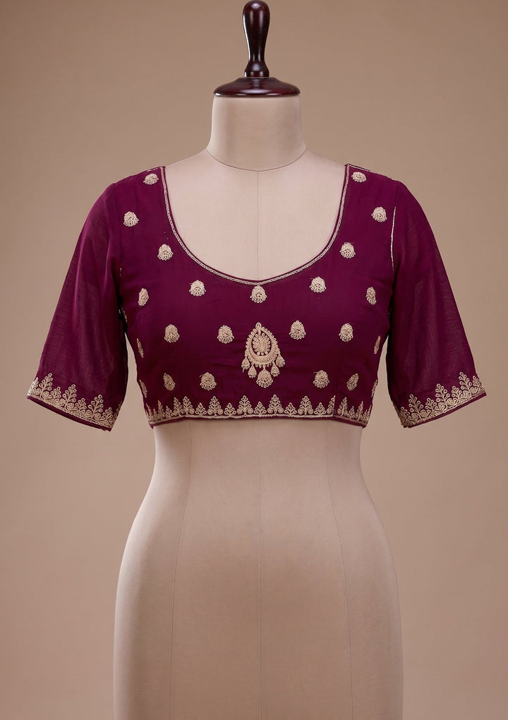 Wine Satin Gold Zariwork Saree With Matching Blouse Piece