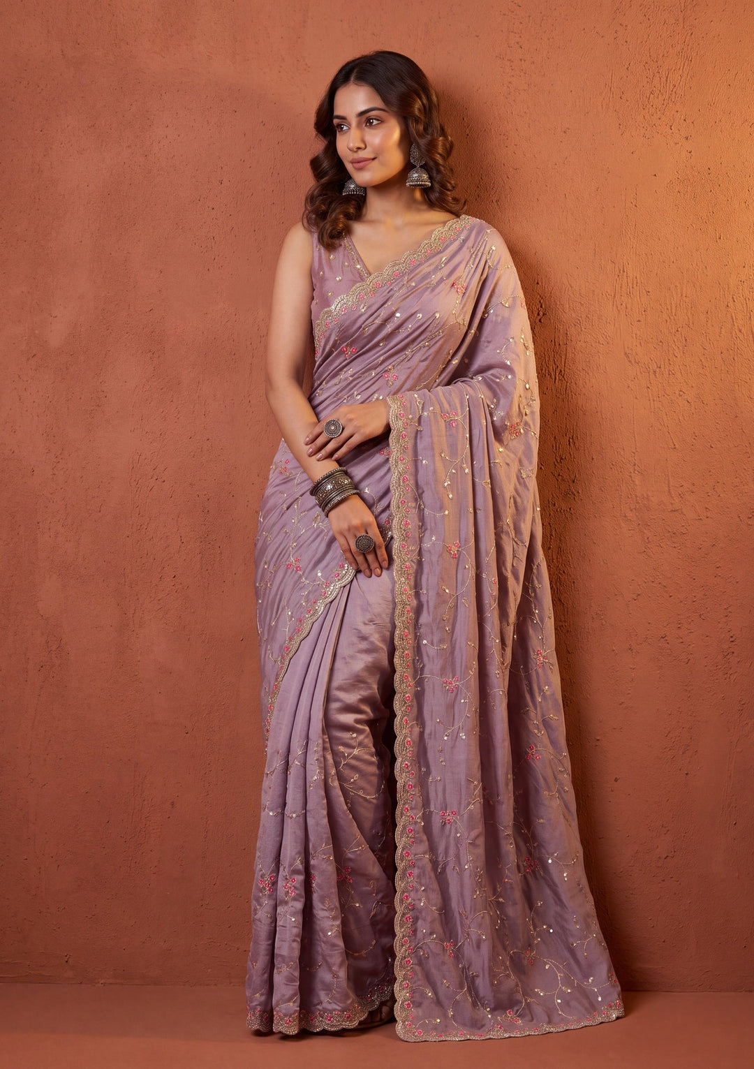 Lavender Soft Raw Silk Threadwork Saree With Matching Blouse Piece