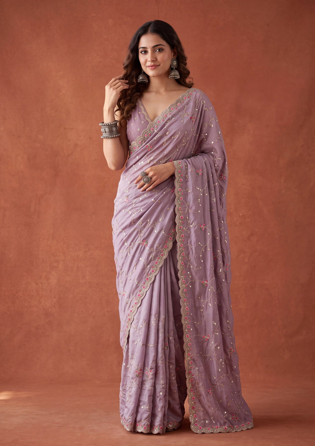 Lavender Soft Raw Silk Threadwork Saree With Matching Blouse Piece
