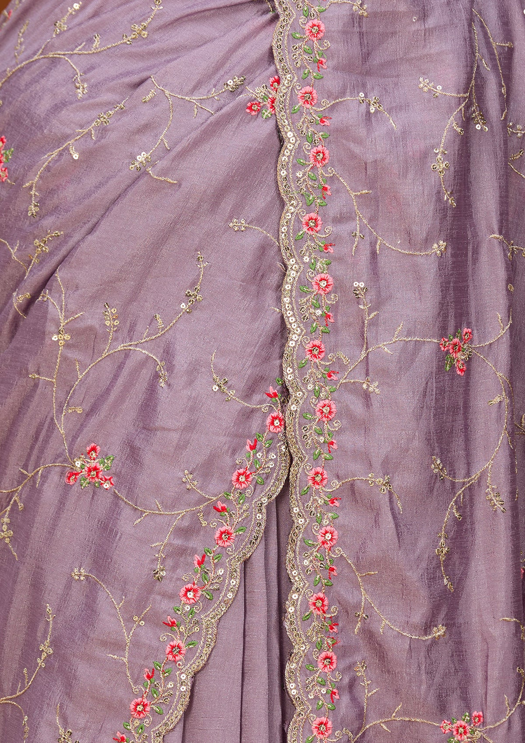 Lavender Soft Raw Silk Threadwork Saree With Matching Blouse Piece